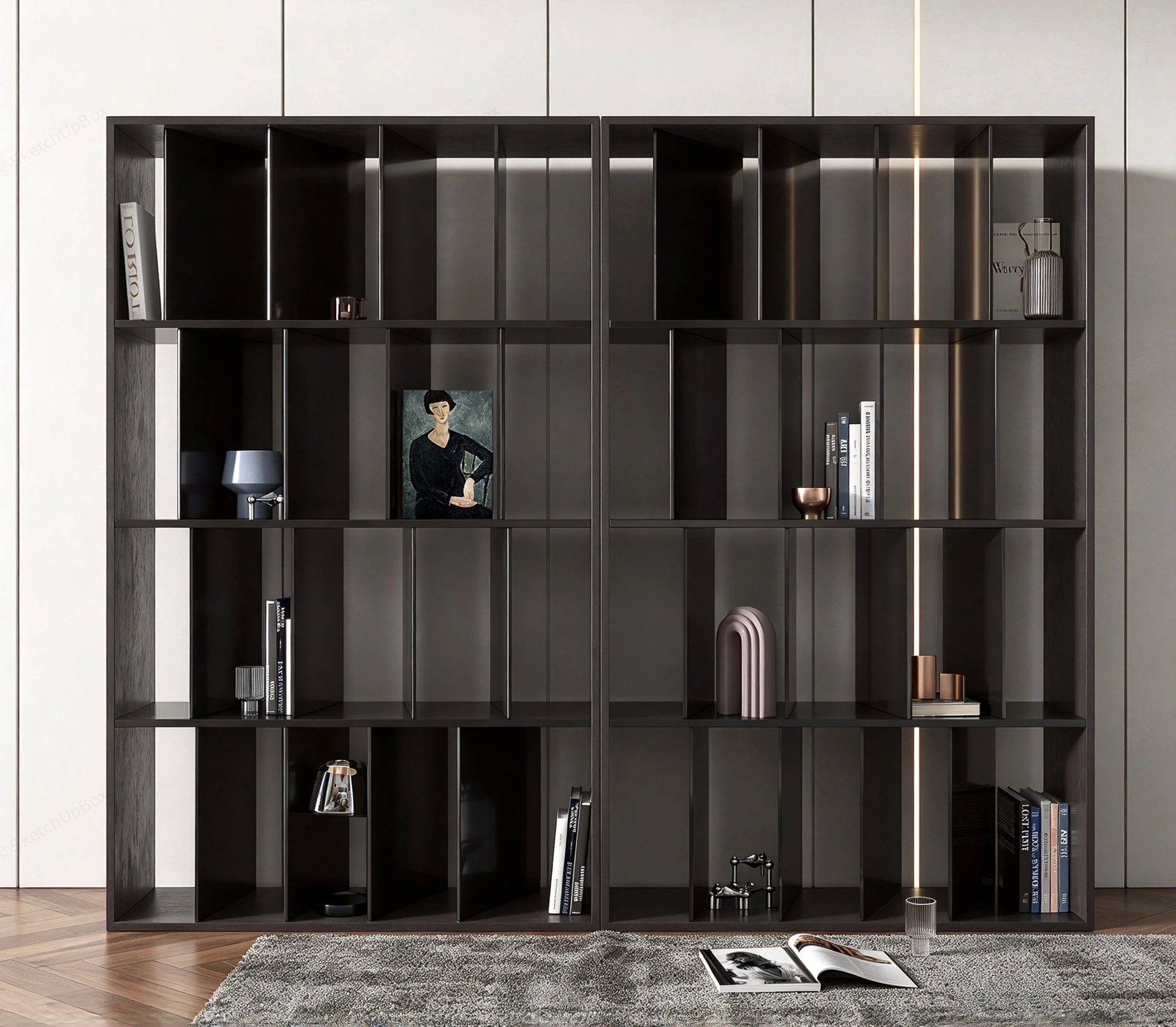 Modern Dark Wood Open Display Bookshelf Set Sketchup 3D Model Preview - SketchupBox