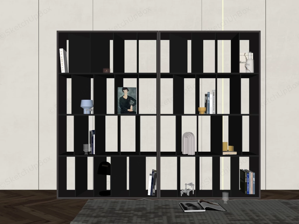 Modern Dark Wood Open Display Bookshelf Set Sketchup 3D Model Preview - SketchupBox