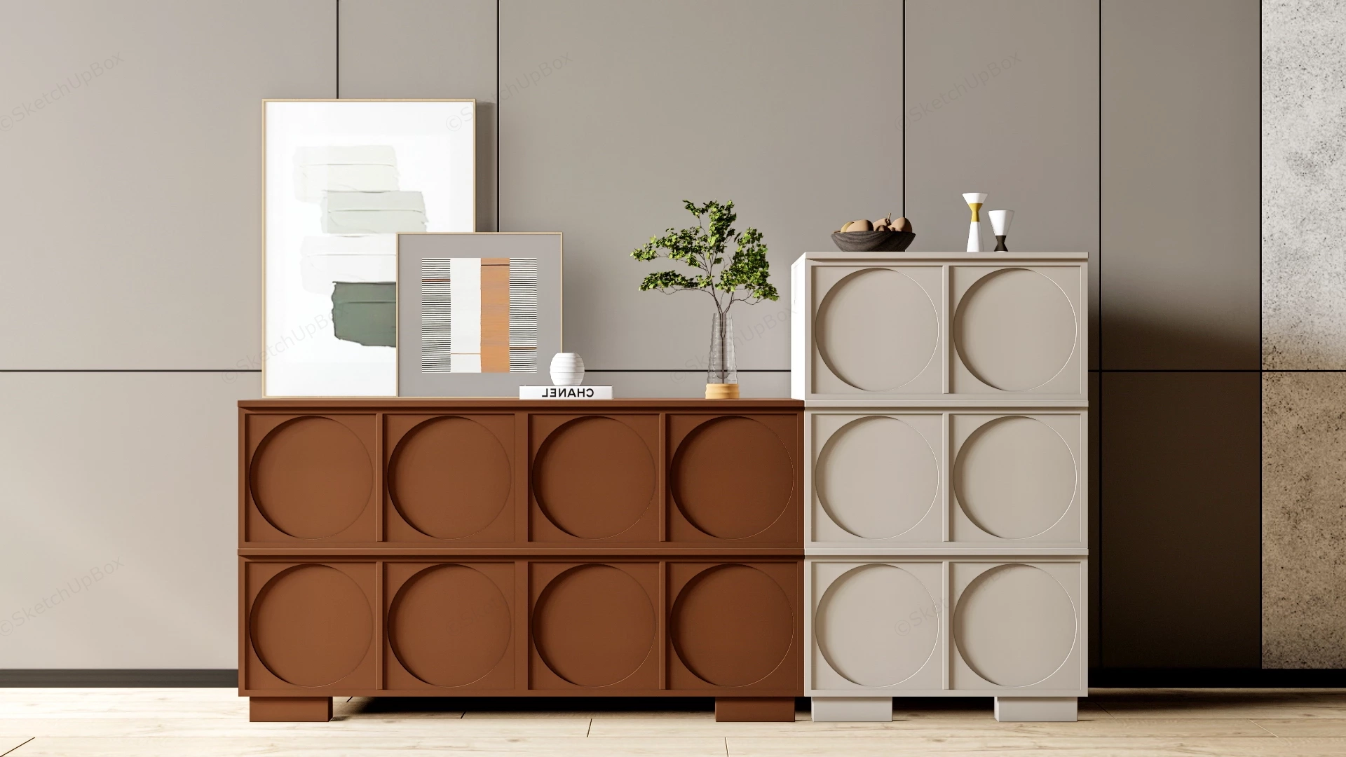 Modern Geometric Circle Relief Storage Credenza & Cabinet Set Sketchup 3D Model Preview - SketchupBox