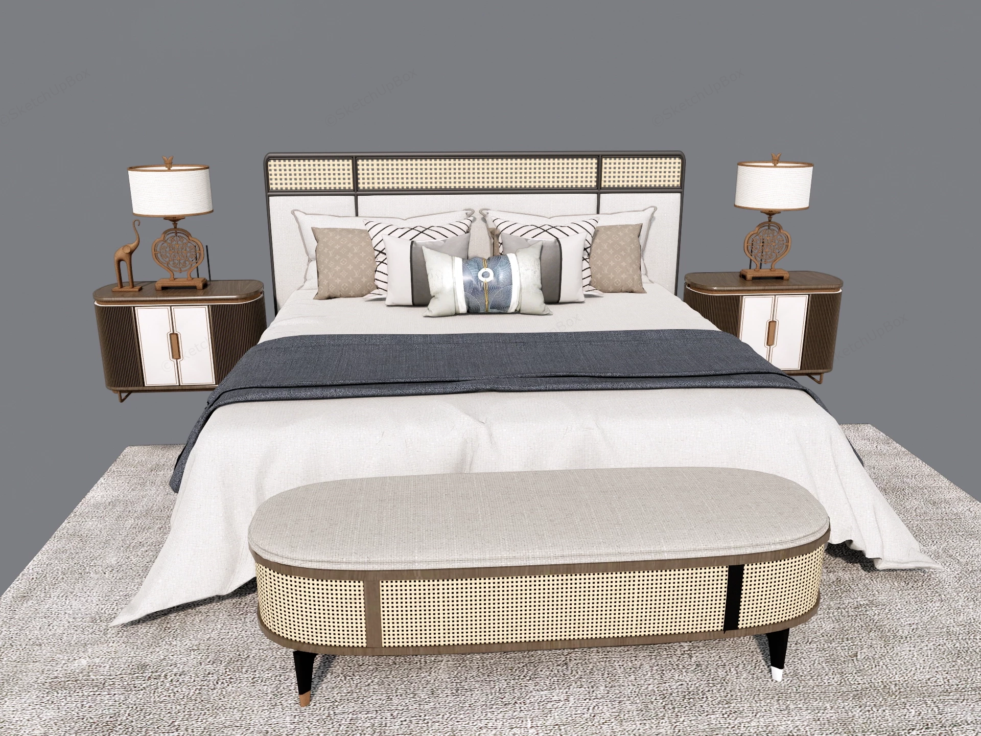 Modern Rattan & Wood Upholstered Bed Set Sketchup 3D Model Preview - SketchupBox