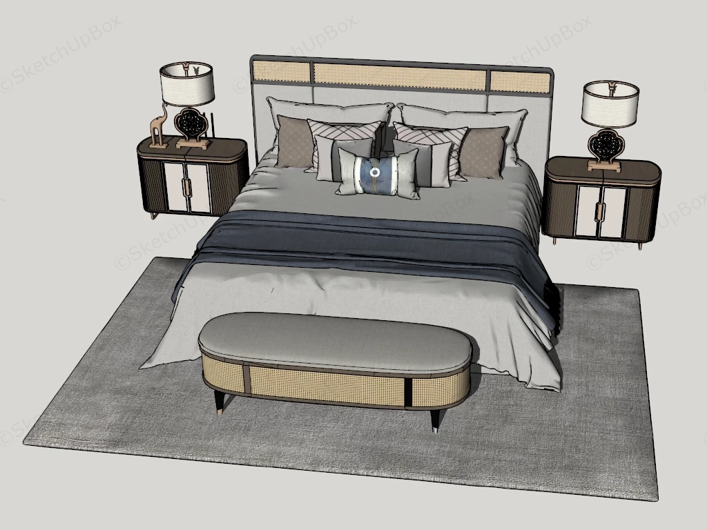 Modern Rattan & Wood Upholstered Bed Set Sketchup 3D Model Preview - SketchupBox