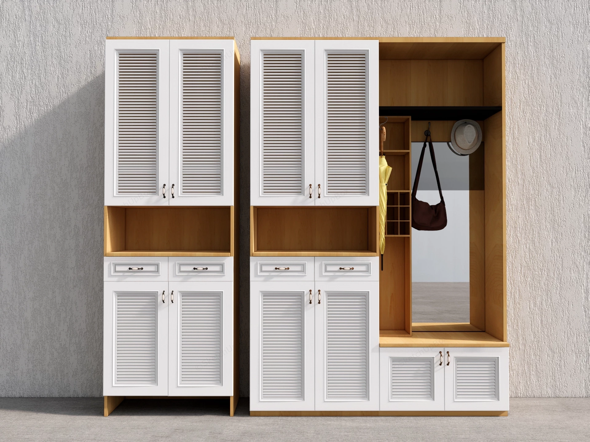 Modern Louvered Entryway Cabinet & Mudroom Hall Tree Set Sketchup 3D Model Preview - SketchupBox