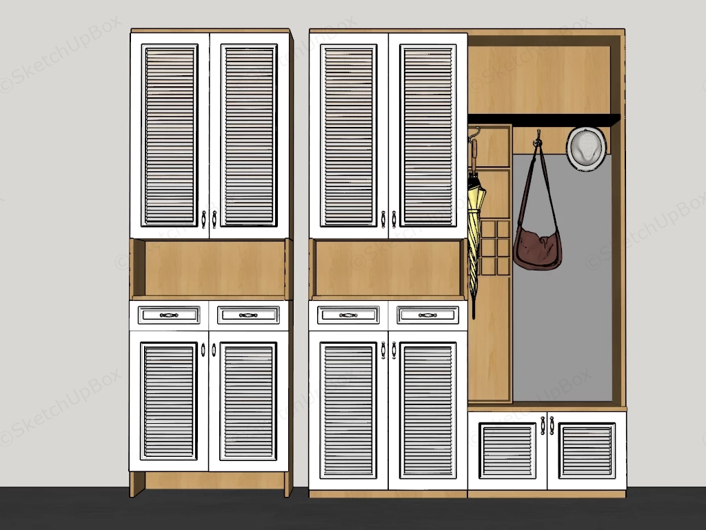 Modern Louvered Entryway Cabinet & Mudroom Hall Tree Set Sketchup 3D Model Preview - SketchupBox