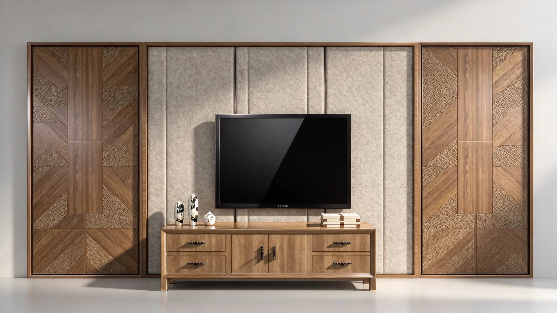 Modern TV Feature Wall & Media Console Set Sketchup 3D Model Preview - SketchupBox