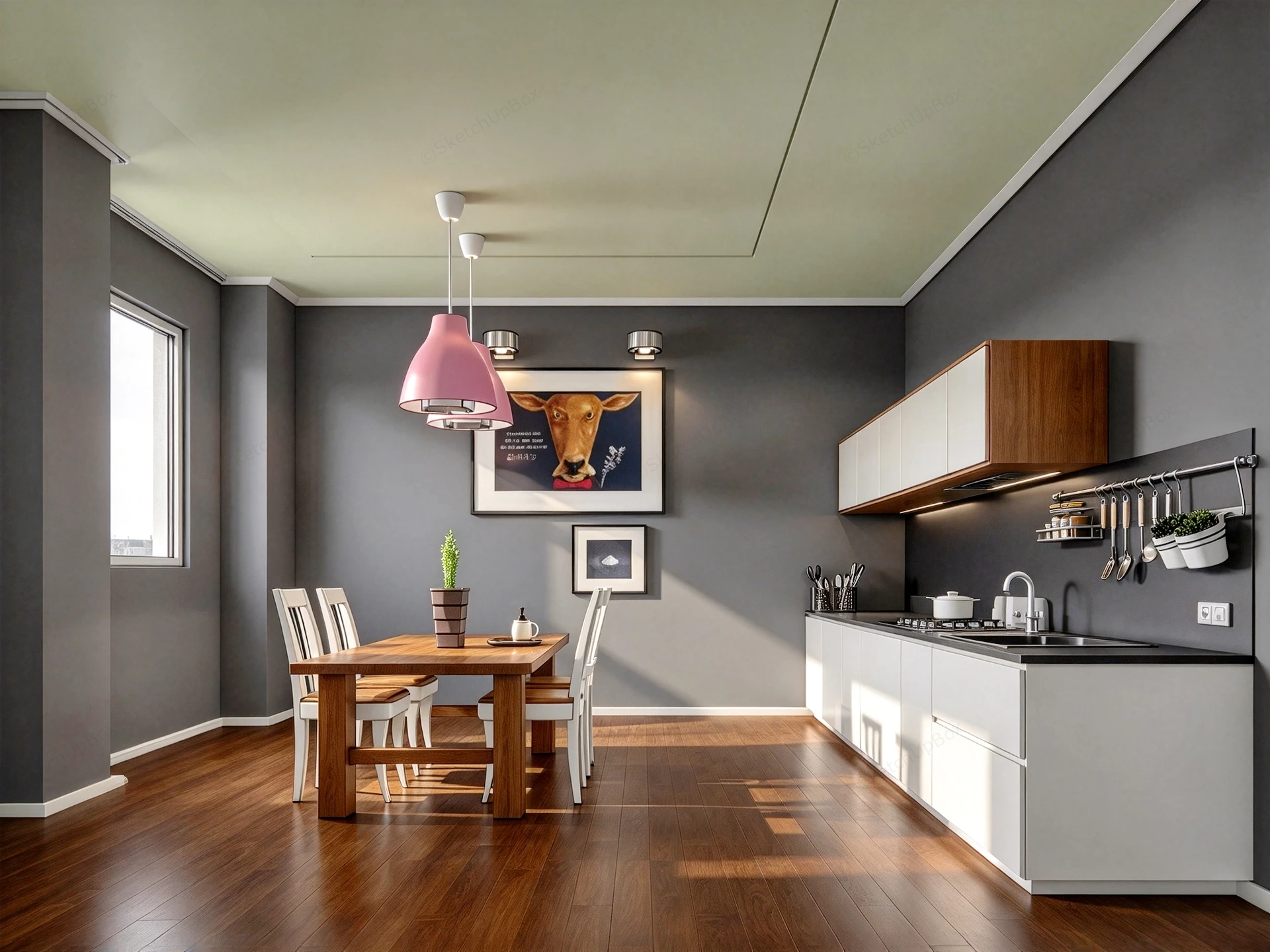 Modern Open Plan Kitchen & Dining Room Interior Scene Sketchup 3D Model Preview - SketchupBox
