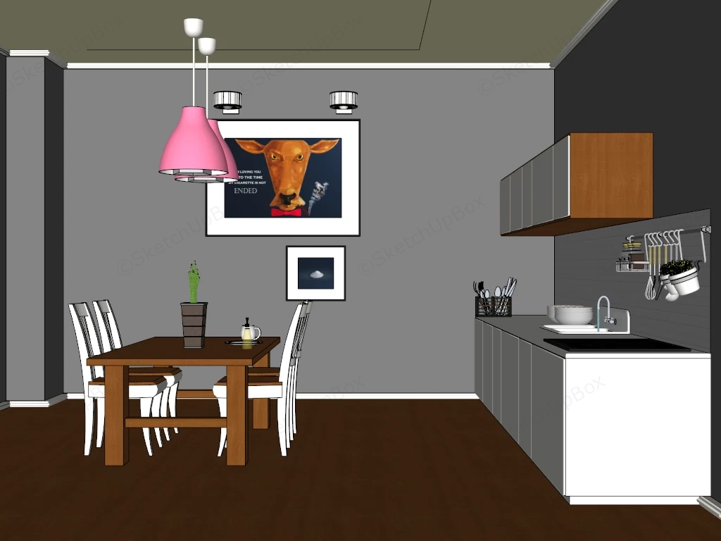 Modern Open Plan Kitchen & Dining Room Interior Scene Sketchup 3D Model Preview - SketchupBox