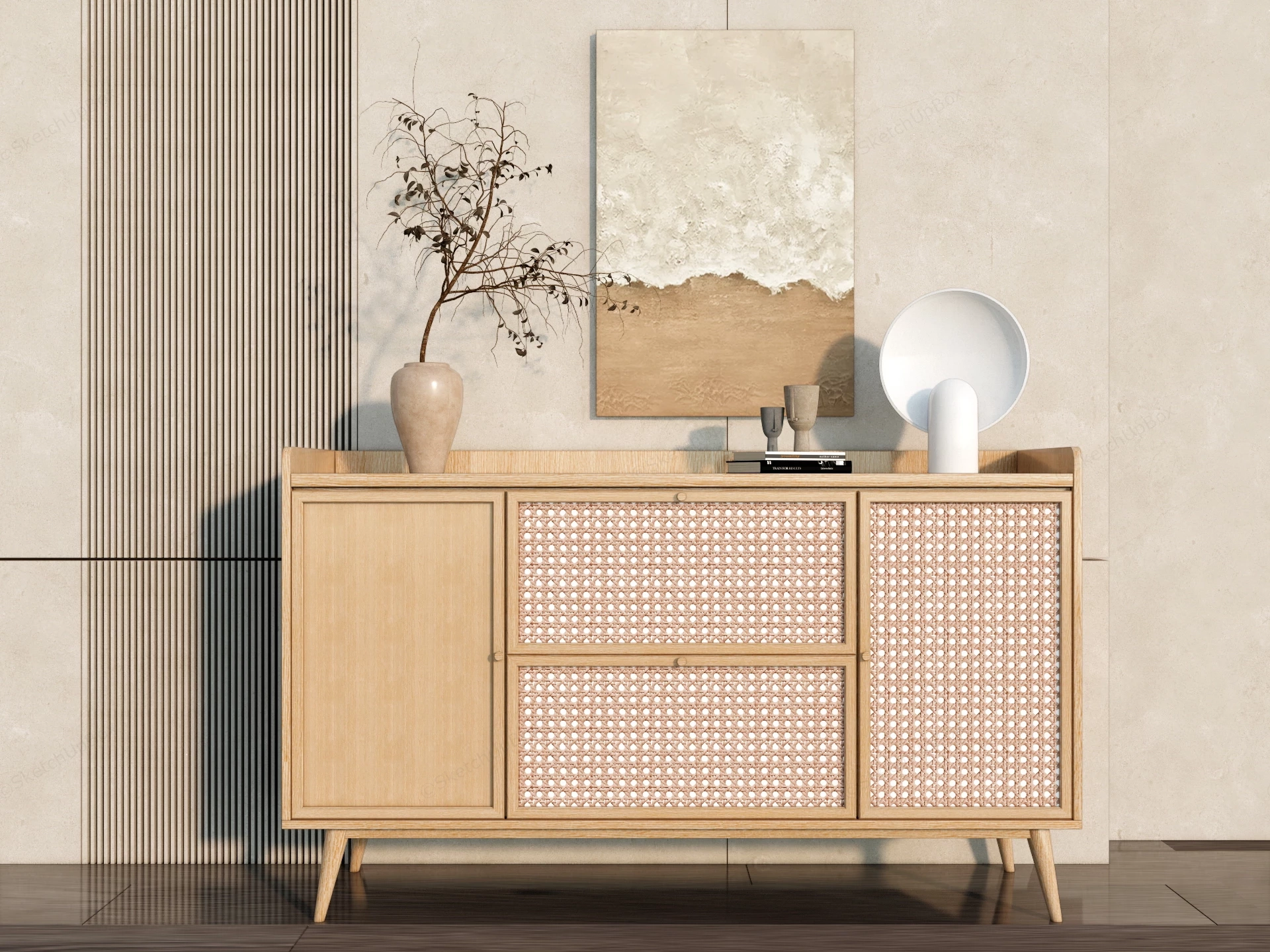 Modern Japandi Rattan & Oak Wood Sideboard Credenza Sketchup 3D Model Preview - SketchupBox