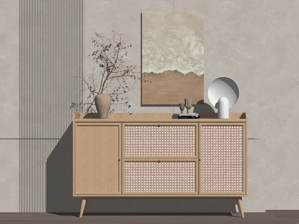 Modern Japandi Rattan & Oak Wood Sideboard Credenza Sketchup 3D Model Preview - SketchupBox