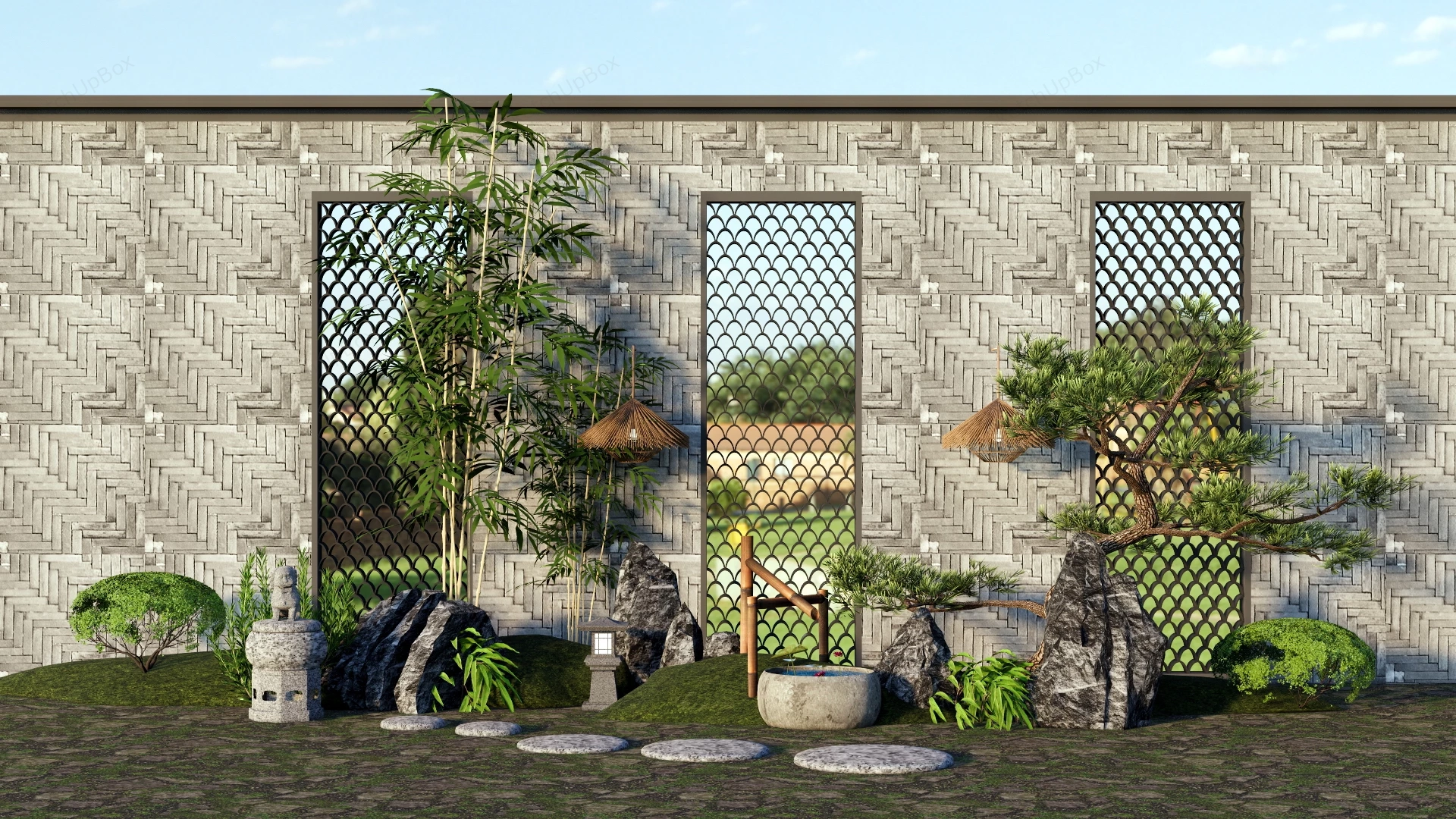 Modern Asian Zen Garden Feature Wall & Courtyard Landscape Sketchup 3D Model Preview - SketchupBox