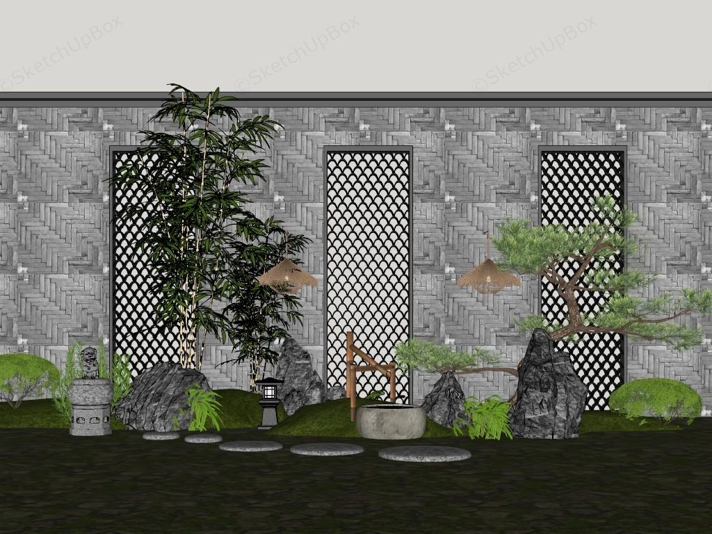 Modern Asian Zen Garden Feature Wall & Courtyard Landscape Sketchup 3D Model Preview - SketchupBox