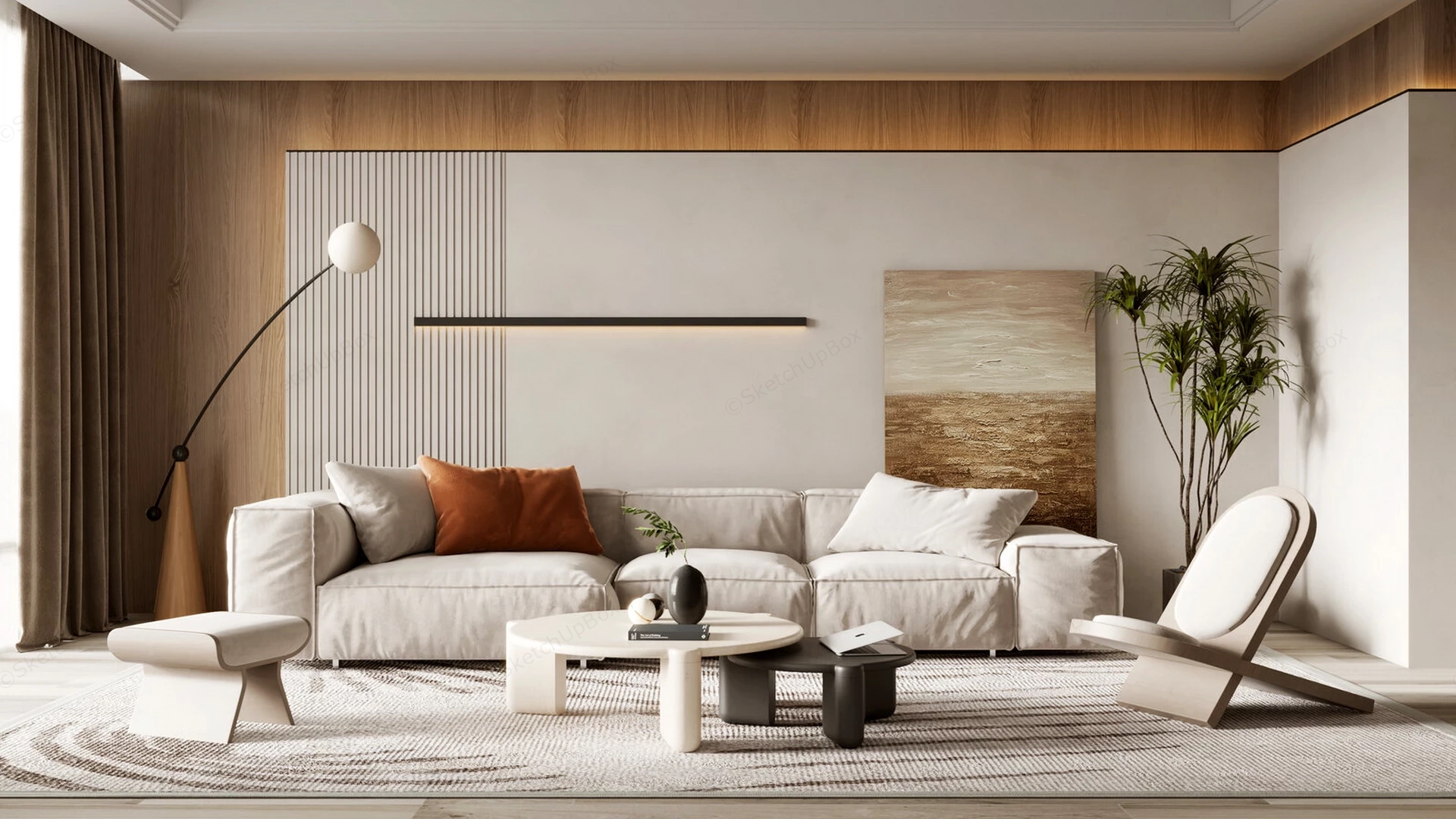 Modern Japandi Living Room Scene With Modular Sofa Sketchup 3D Model Preview - SketchupBox