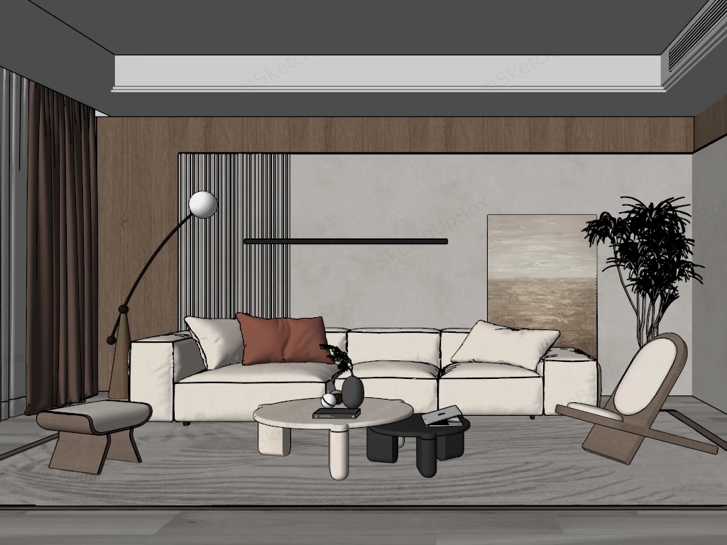 Modern Japandi Living Room Scene With Modular Sofa Sketchup 3D Model Preview - SketchupBox