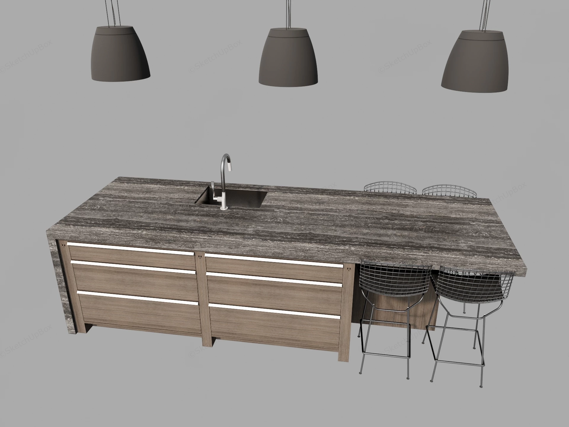 Modern Kitchen Island With Wire Bar Stools Sketchup 3D Model Preview - SketchupBox