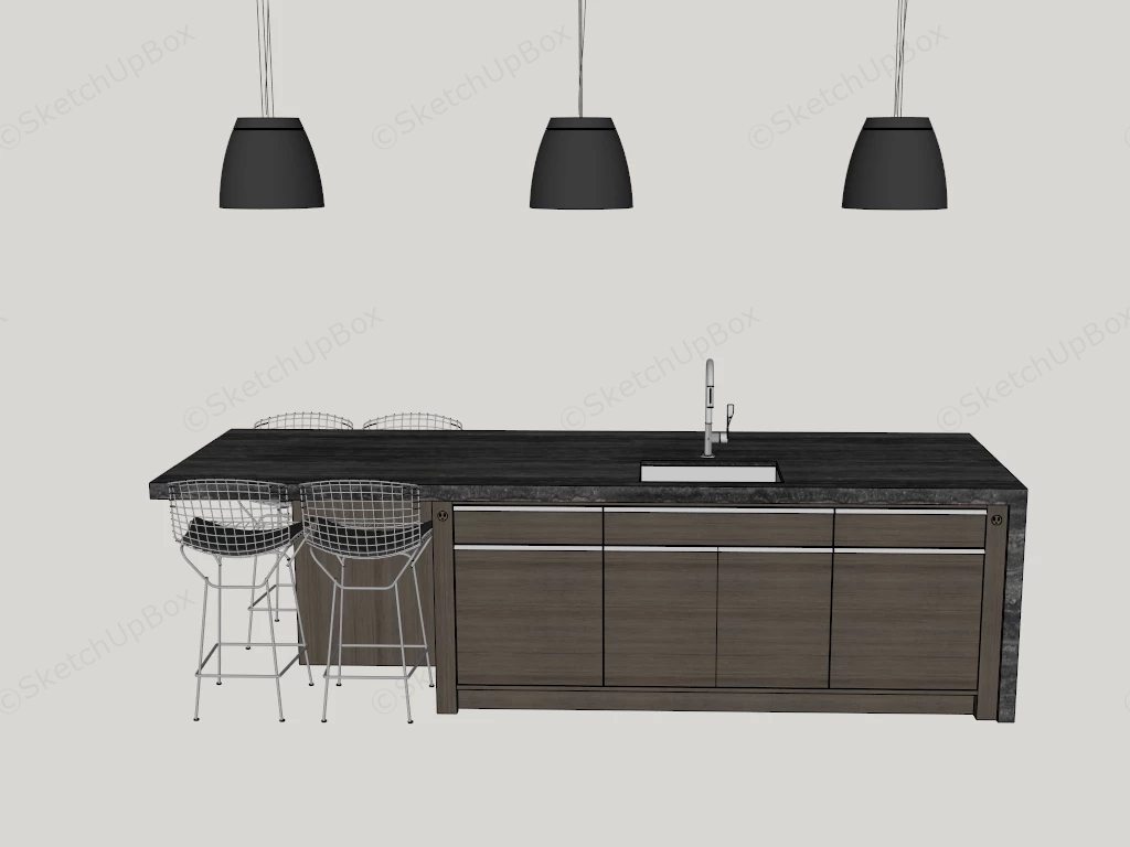 Modern Kitchen Island With Wire Bar Stools Sketchup 3D Model Preview - SketchupBox