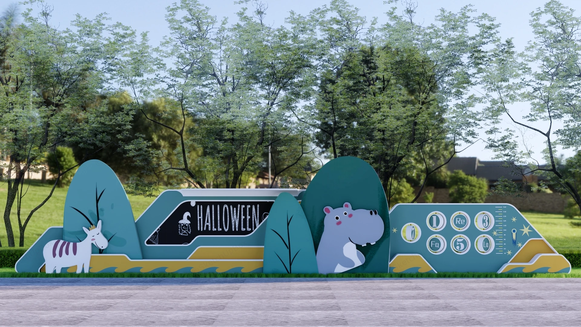 Cartoon Animal Theme Children's Outdoor Interactive Feature Wall Sketchup 3D Model Preview - SketchupBox