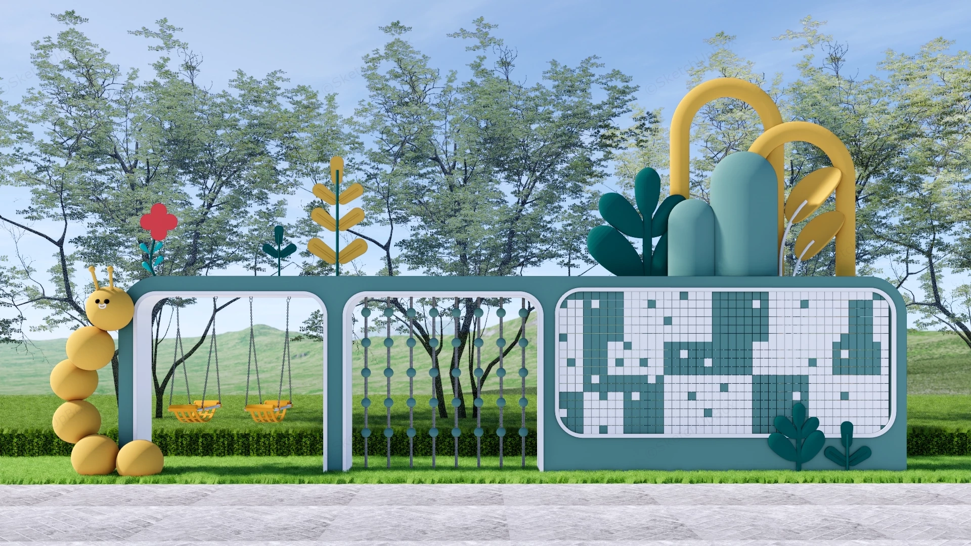 Cartoon Caterpillar Theme Children's Interactive Feature Wall Sketchup 3D Model Preview - SketchupBox