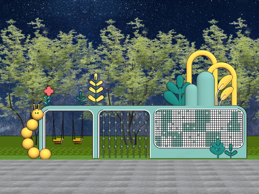 Cartoon Caterpillar Theme Children's Interactive Feature Wall Sketchup 3D Model Preview - SketchupBox