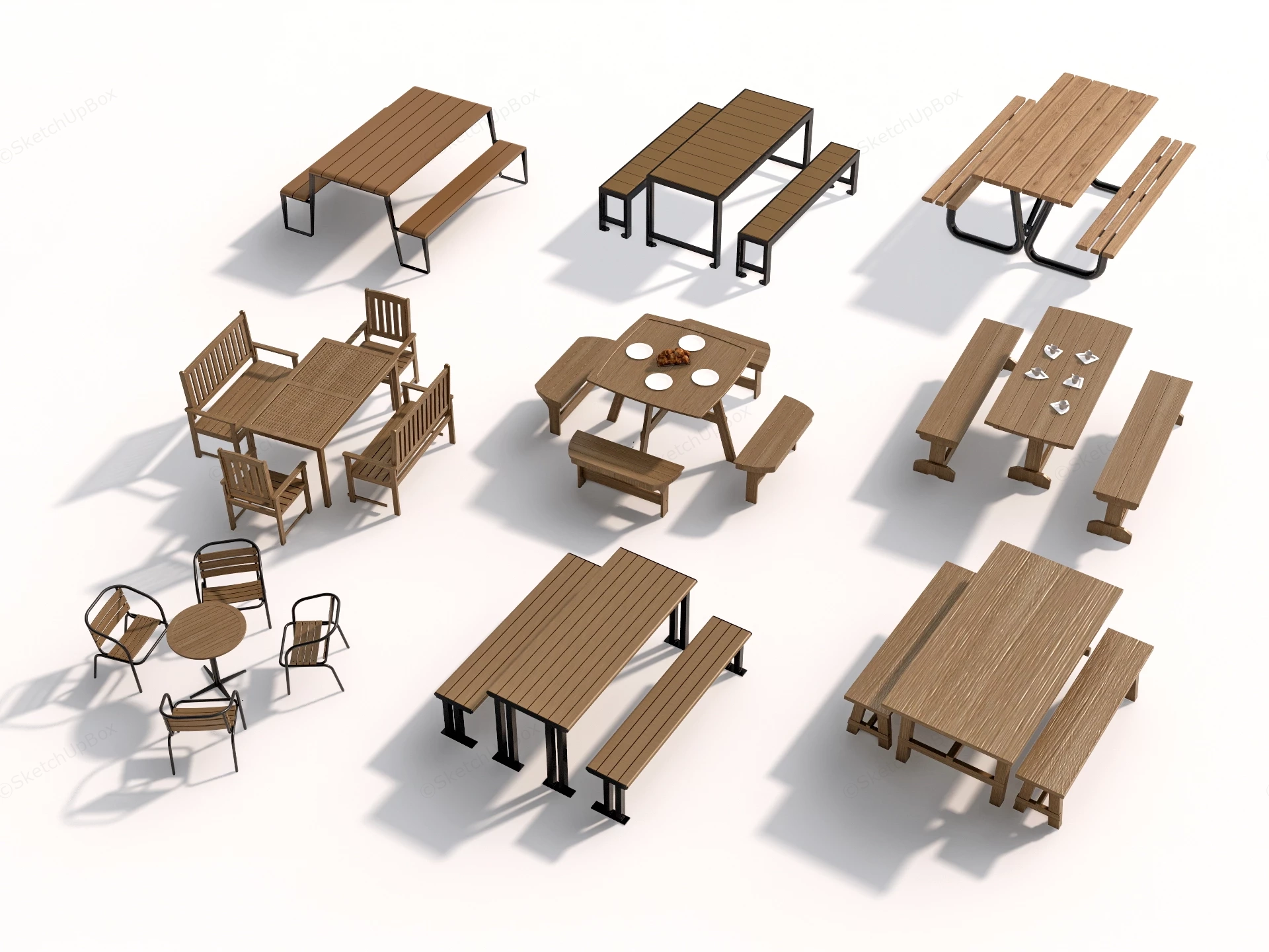 Modern Outdoor Timber Picnic Table & Bench Collection Sketchup 3D Model Preview - SketchupBox