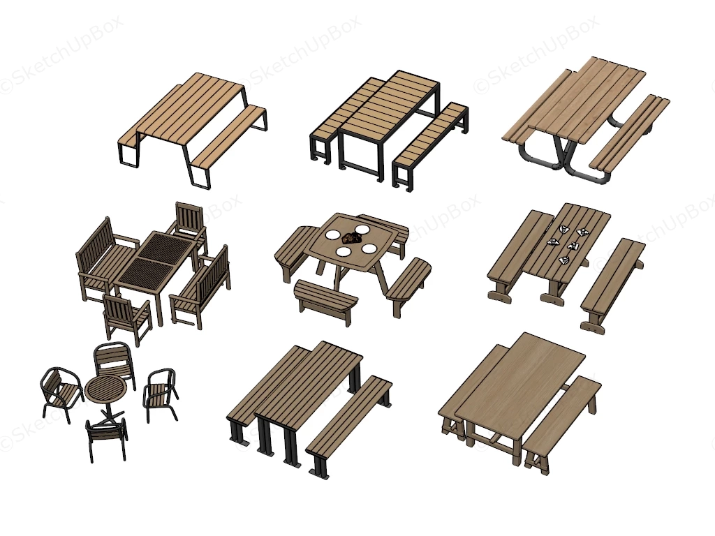 Modern Outdoor Timber Picnic Table & Bench Collection Sketchup 3D Model Preview - SketchupBox