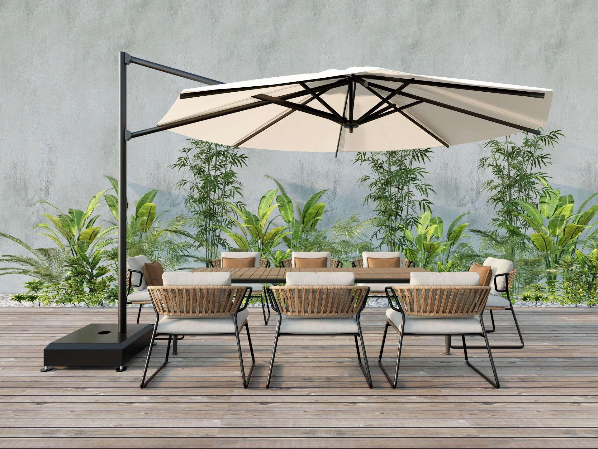 Modern Outdoor Patio Dining Set With Cantilever Umbrella Sketchup 3D Model Preview - SketchupBox
