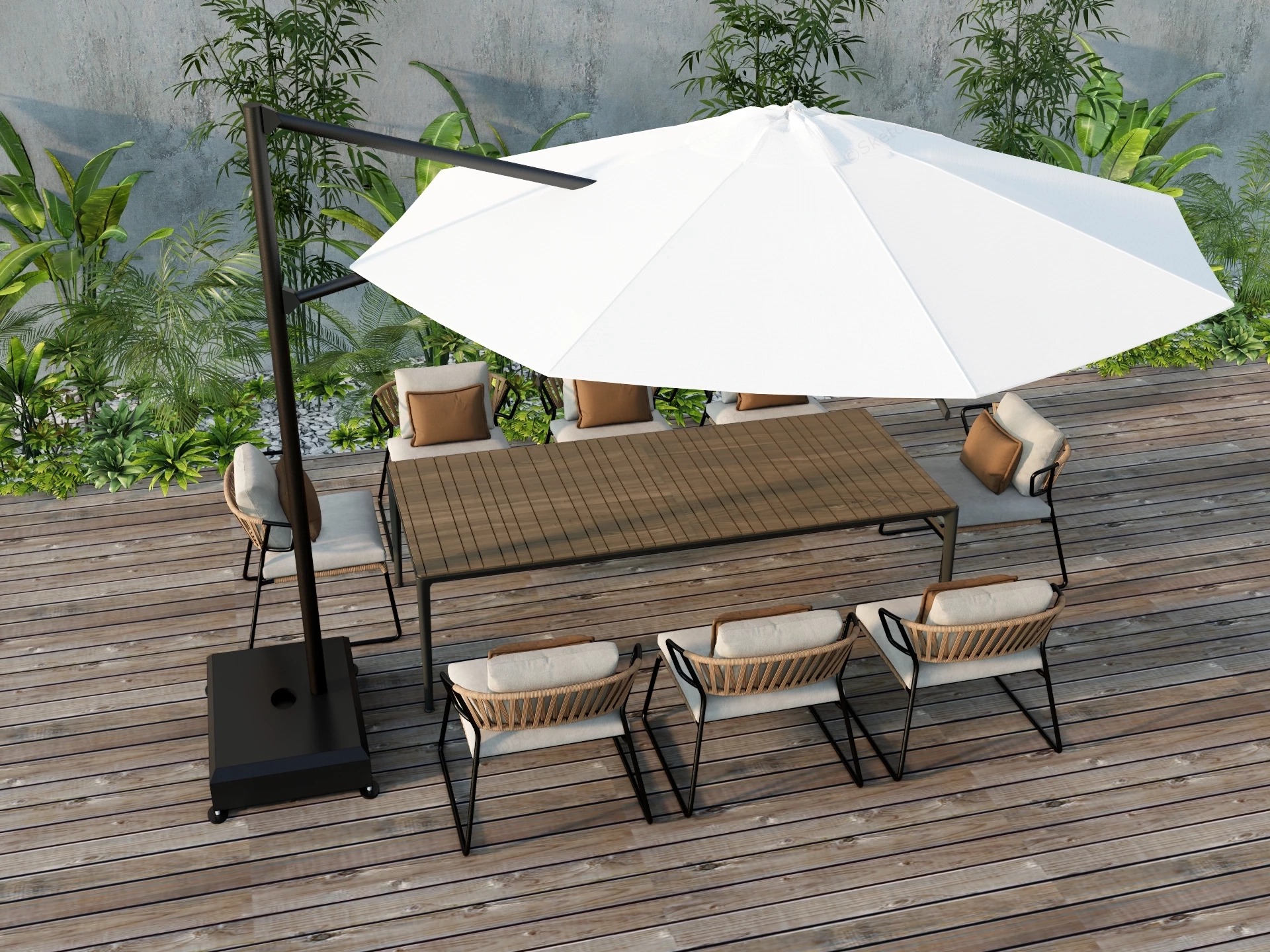 Modern Outdoor Patio Dining Set With Cantilever Umbrella Sketchup 3D Model Preview - SketchupBox