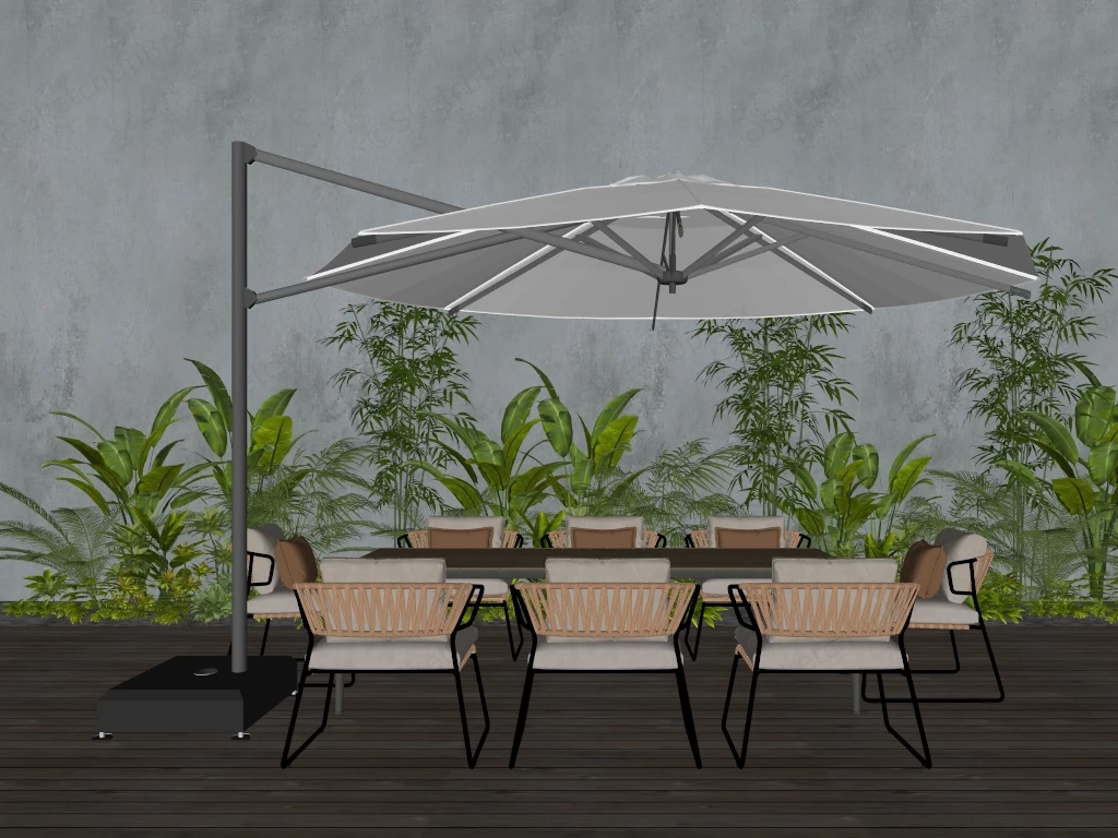 Modern Outdoor Patio Dining Set With Cantilever Umbrella Sketchup 3D Model Preview - SketchupBox