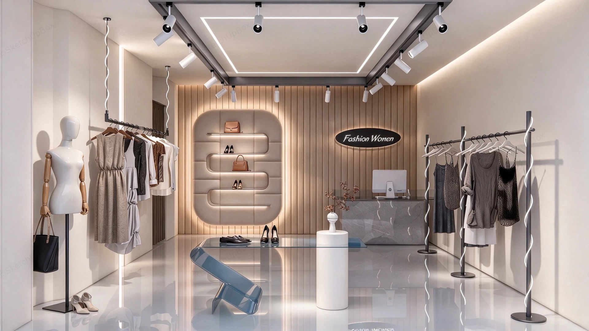 Modern Luxury Women's Fashion Boutique Store Interior Sketchup 3D Model Preview - SketchupBox