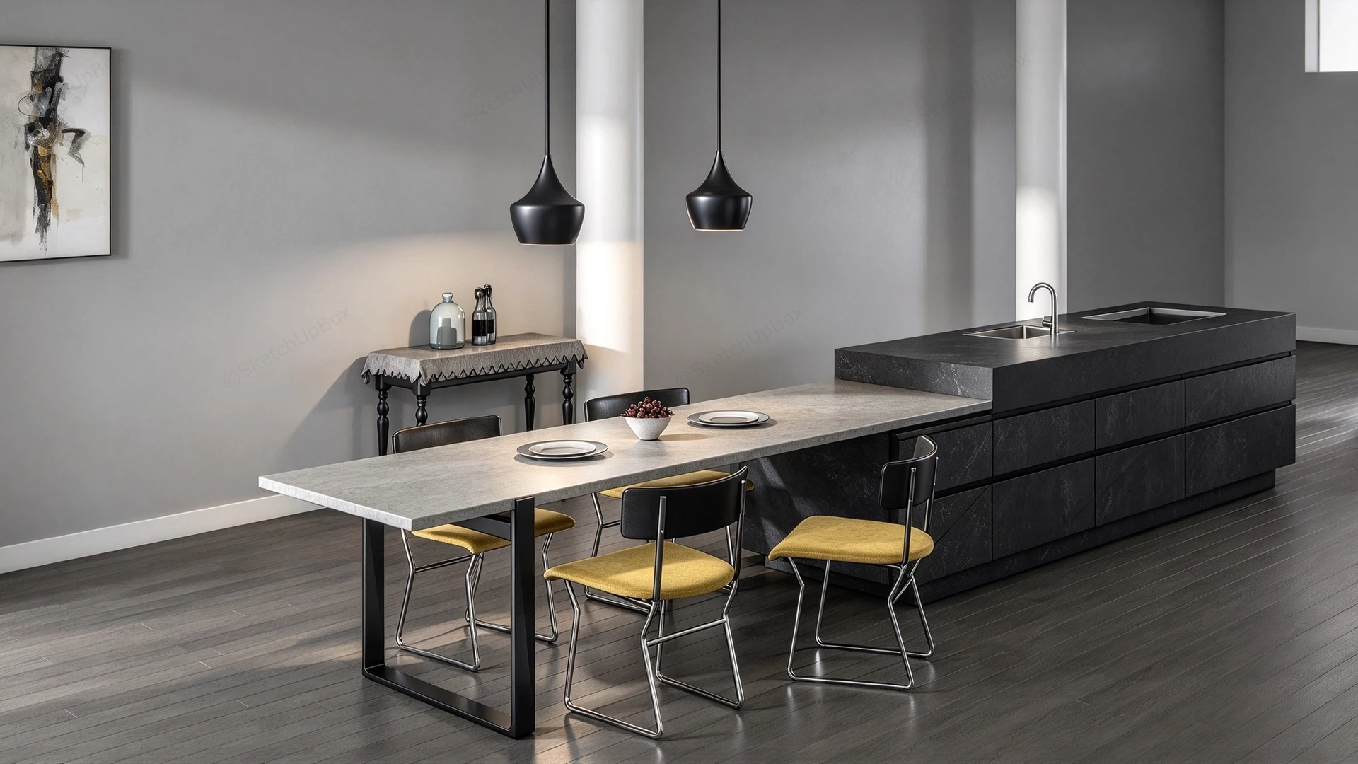 Modern Dark Kitchen Island With Integrated Dining Table Sketchup 3D Model Preview - SketchupBox