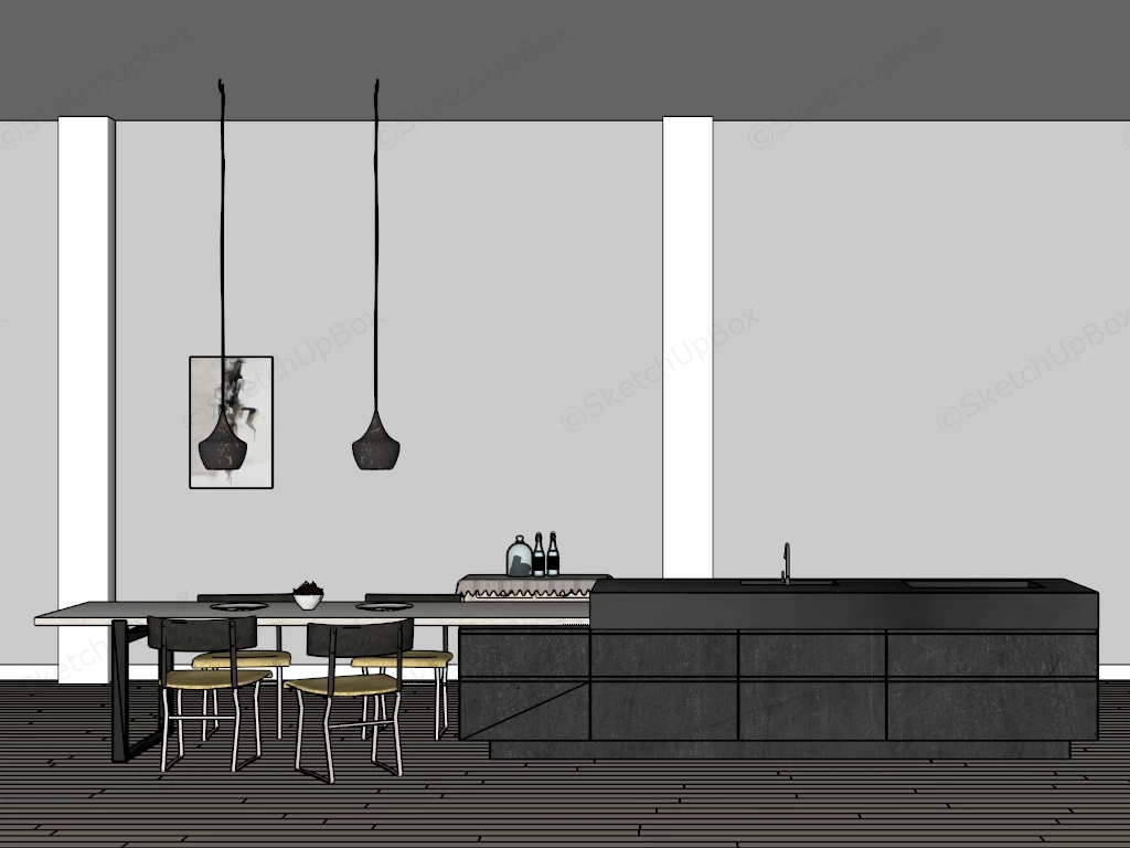 Modern Dark Kitchen Island With Integrated Dining Table Sketchup 3D Model Preview - SketchupBox