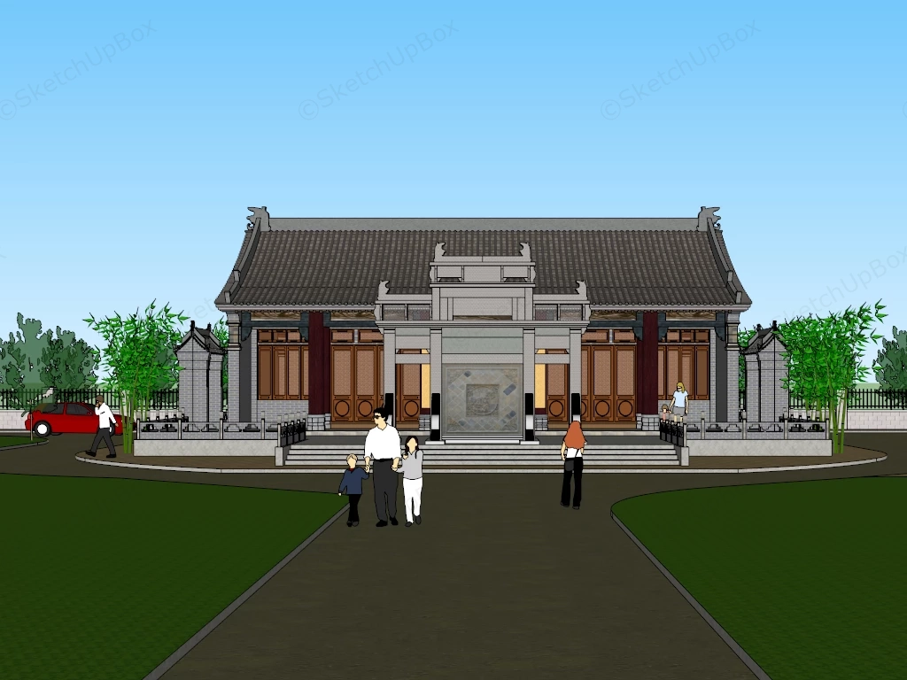 Classical Chinese Traditional Ancestral Hall & Memorial Archway Complex Sketchup 3D Model Preview - SketchupBox