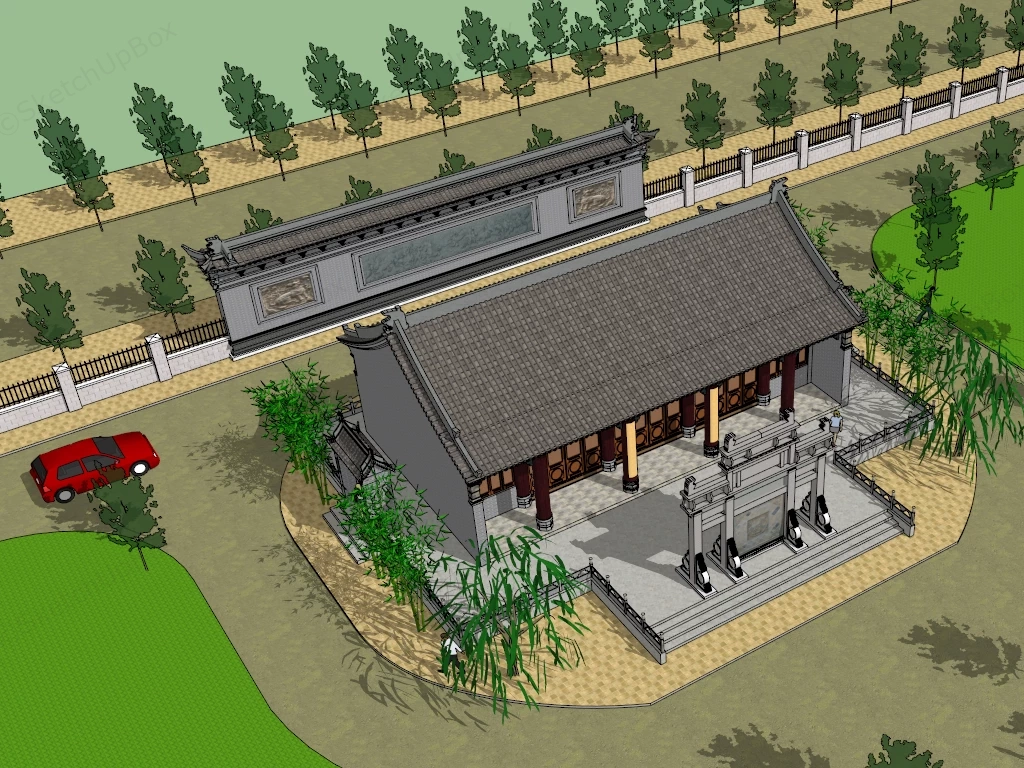 Classical Chinese Traditional Ancestral Hall & Memorial Archway Complex Sketchup 3D Model Preview - SketchupBox