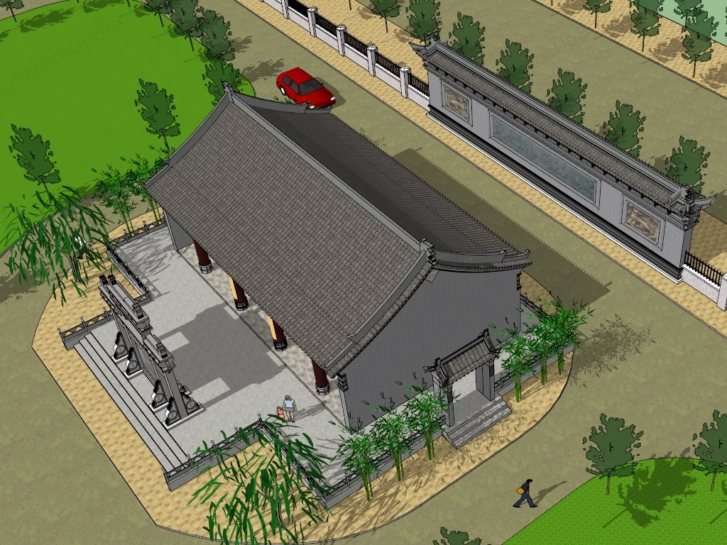 Classical Chinese Traditional Ancestral Hall & Memorial Archway Complex Sketchup 3D Model Preview - SketchupBox