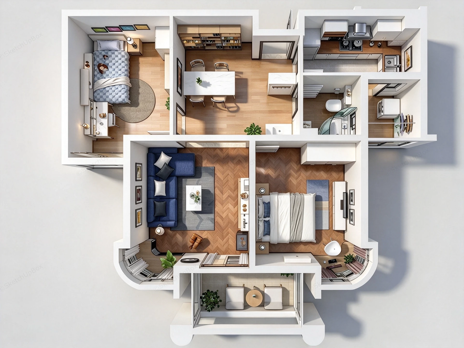 Modern 2 Bedroom Residential Apartment 3D Floor Plan Layout Sketchup 3D Model Preview - SketchupBox
