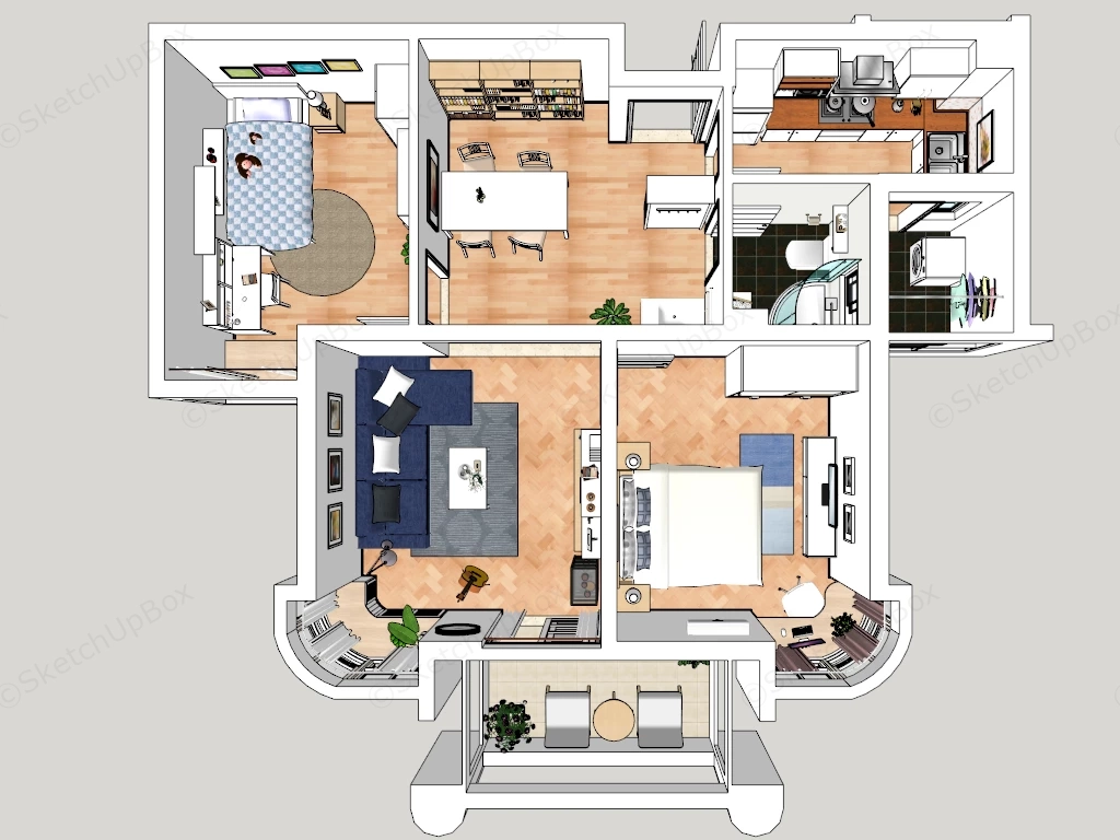 Modern 2 Bedroom Residential Apartment 3D Floor Plan Layout Sketchup 3D Model Preview - SketchupBox