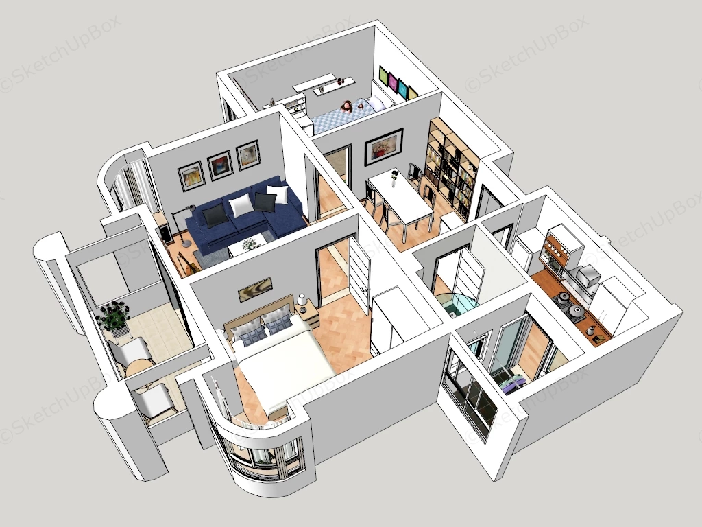 Modern 2 Bedroom Residential Apartment 3D Floor Plan Layout Sketchup 3D Model Preview - SketchupBox