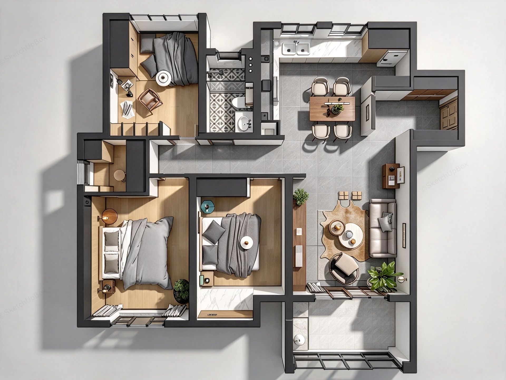 3 Bedroom Residential Apartment 3D Floor Plan Layout Sketchup 3D Model Preview - SketchupBox