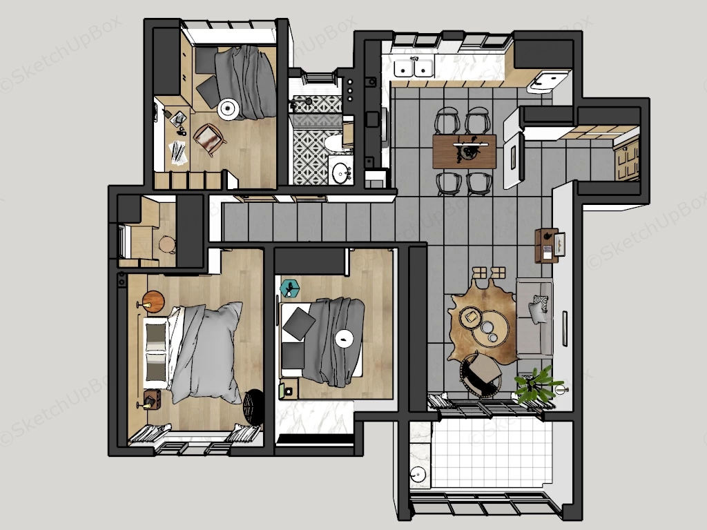 3 Bedroom Residential Apartment 3D Floor Plan Layout Sketchup 3D Model Preview - SketchupBox