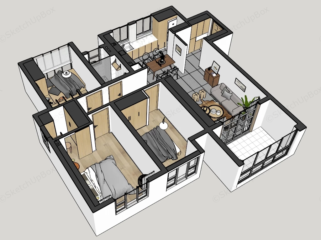3 Bedroom Residential Apartment 3D Floor Plan Layout Sketchup 3D Model Preview - SketchupBox