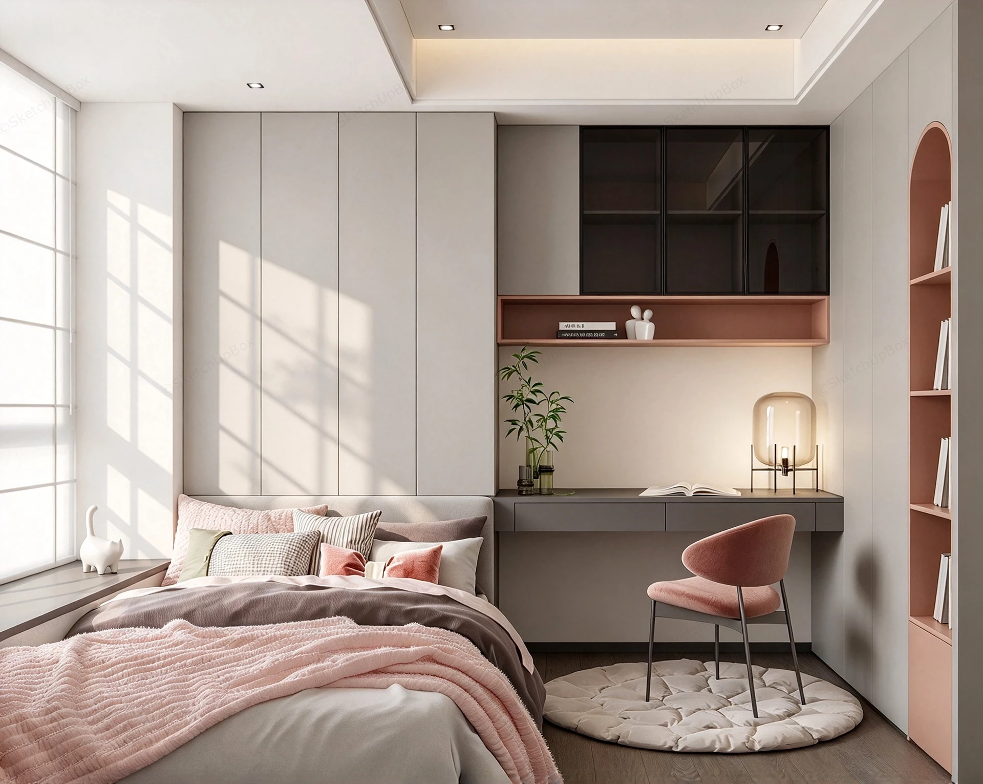 Modern Space Saving Feminine Bedroom Design Sketchup 3D Model Preview - SketchupBox