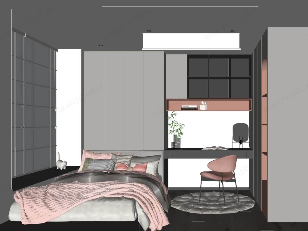 Modern Space Saving Feminine Bedroom Design Sketchup 3D Model Preview - SketchupBox