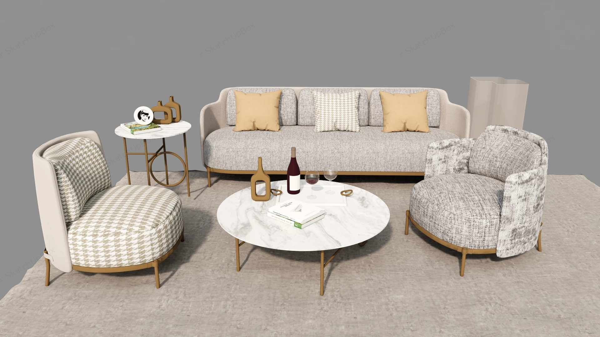 Modern Upholstered Living Room Sofa & Accent Armchair Set Sketchup 3D Model Preview - SketchupBox