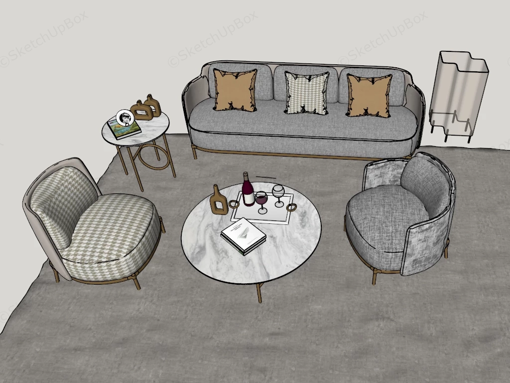 Modern Upholstered Living Room Sofa & Accent Armchair Set Sketchup 3D Model Preview - SketchupBox