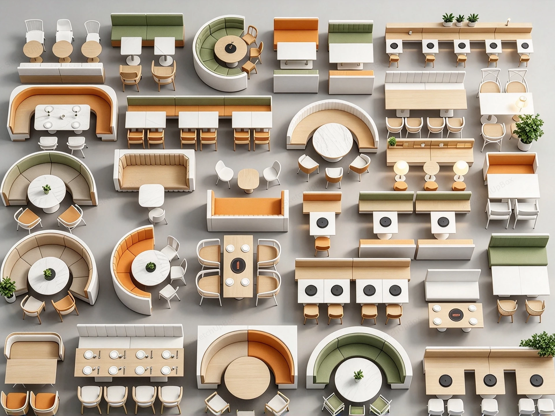 Commercial Restaurant & Cafe Modular Banquette Seating Collection Sketchup 3D Model Preview - SketchupBox