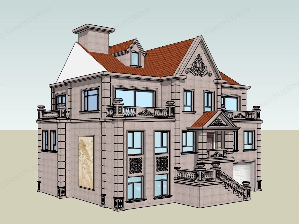 European Neoclassical And Baroque Revival Style Villa Sketchup 3D Model Preview - SketchupBox