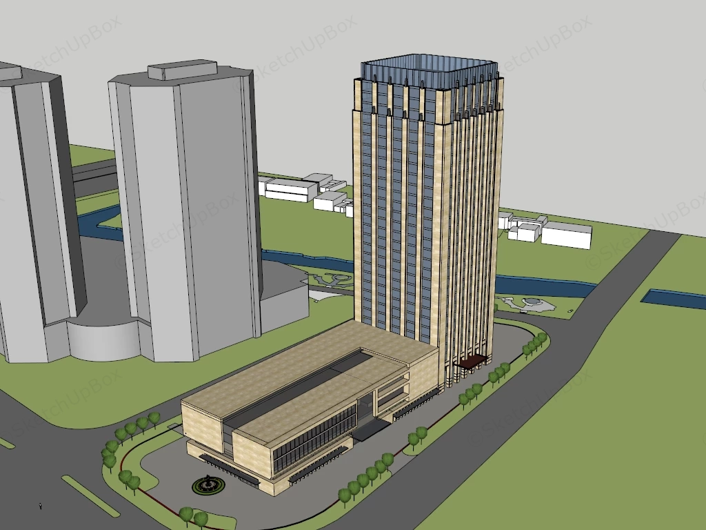 Art Deco Commercial High Rise Tower & Podium Complex Sketchup 3D Model Preview - SketchupBox