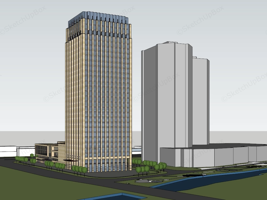Art Deco Commercial High Rise Tower & Podium Complex Sketchup 3D Model Preview - SketchupBox
