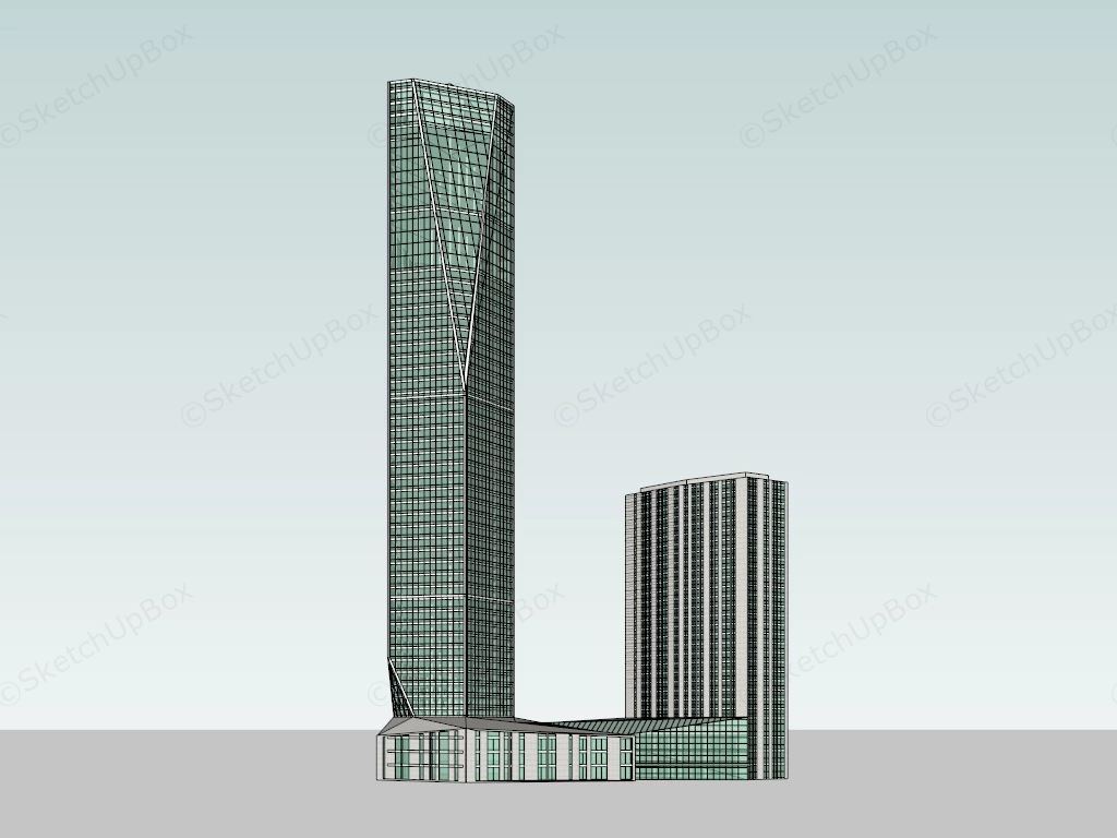 Modern Angular Glass Skyscraper & Podium Complex Sketchup 3D Model Preview - SketchupBox
