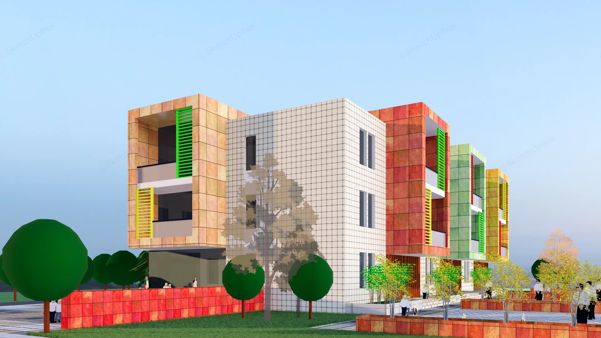 Modern Color Blocked Modular Educational Building Sketchup 3D Model Preview - SketchupBox