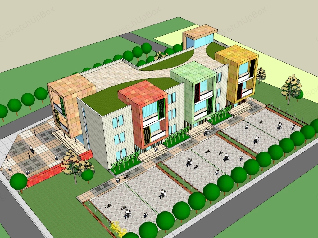 Modern Color Blocked Modular Educational Building Sketchup 3D Model Preview - SketchupBox