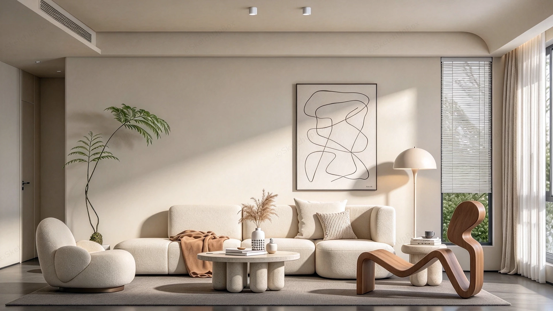 Modern Cream Japandi Living Room Scene Sketchup 3D Model Preview - SketchupBox